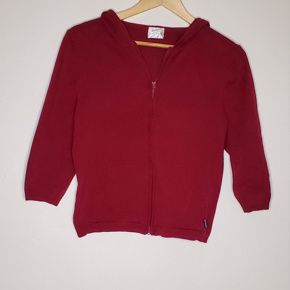 Burgundy Flat Knit Basic Casual Zip-Up Hoodie Sweather with Pockets - Picture 12 of 12
